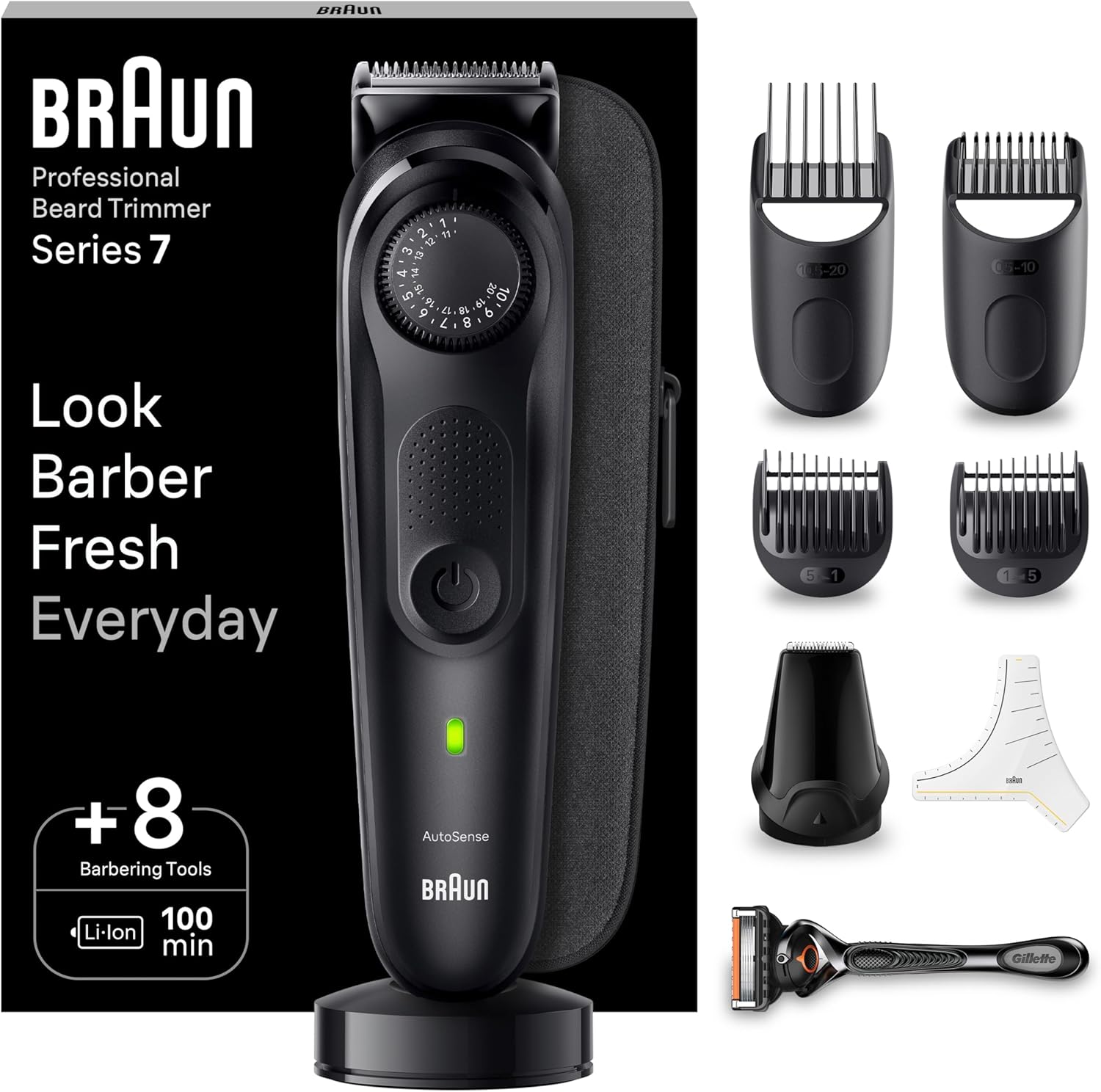 Braun Beard Trimmer Series 7 & Hair Clippers with Gillette Proglide Men's Razor, 40 Length Settings, Gifts for Men, 100-min Runtime, BT7440, Silver-0