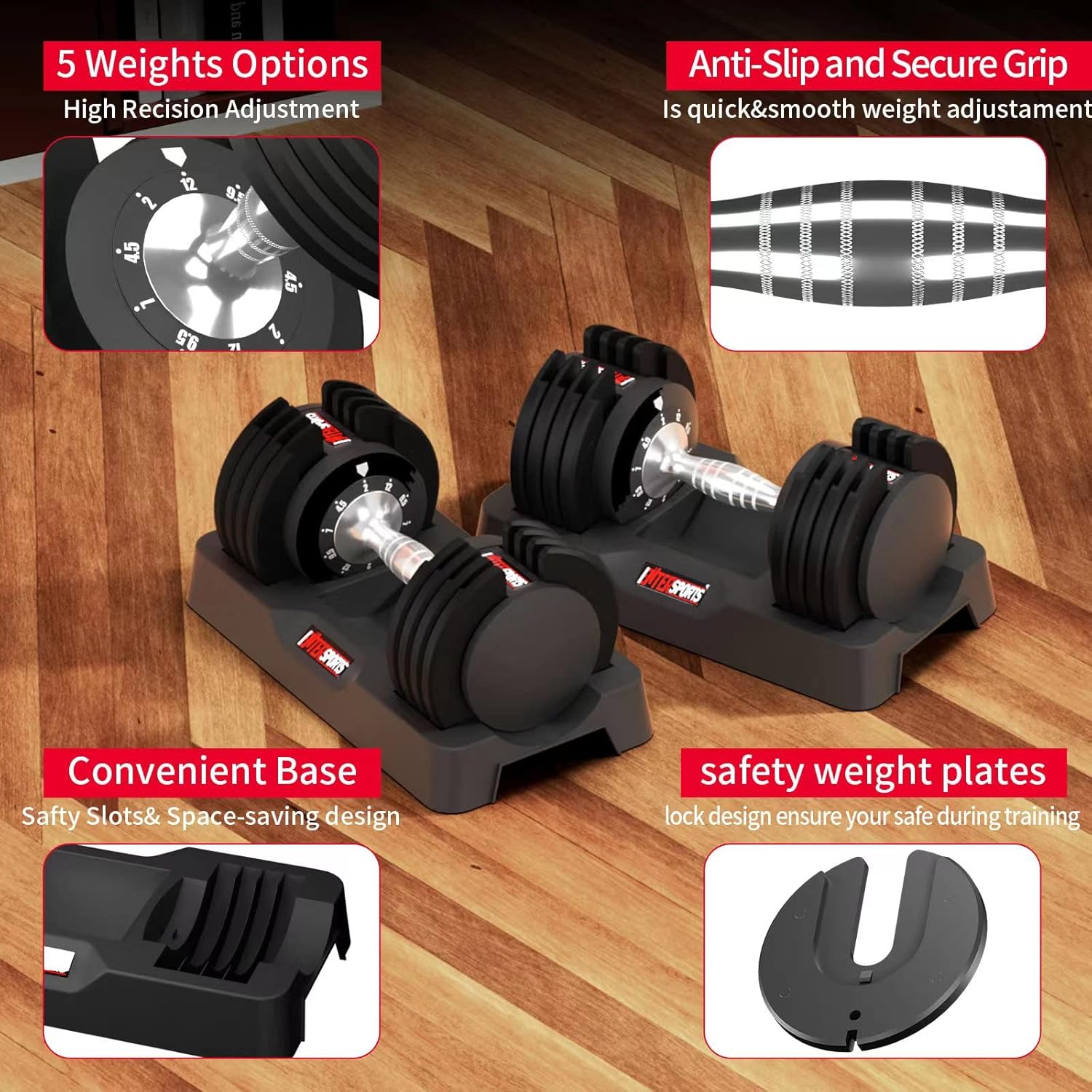 EnterSports 12kg/18KGx2 Adjustable Dumbbells Adjustable Dumbbell Set for Saving Place, Dumbbells Adjustable with Non-Slip Handle 5 Weight Levels, Good for Home, Office, Gym, Body Training-3