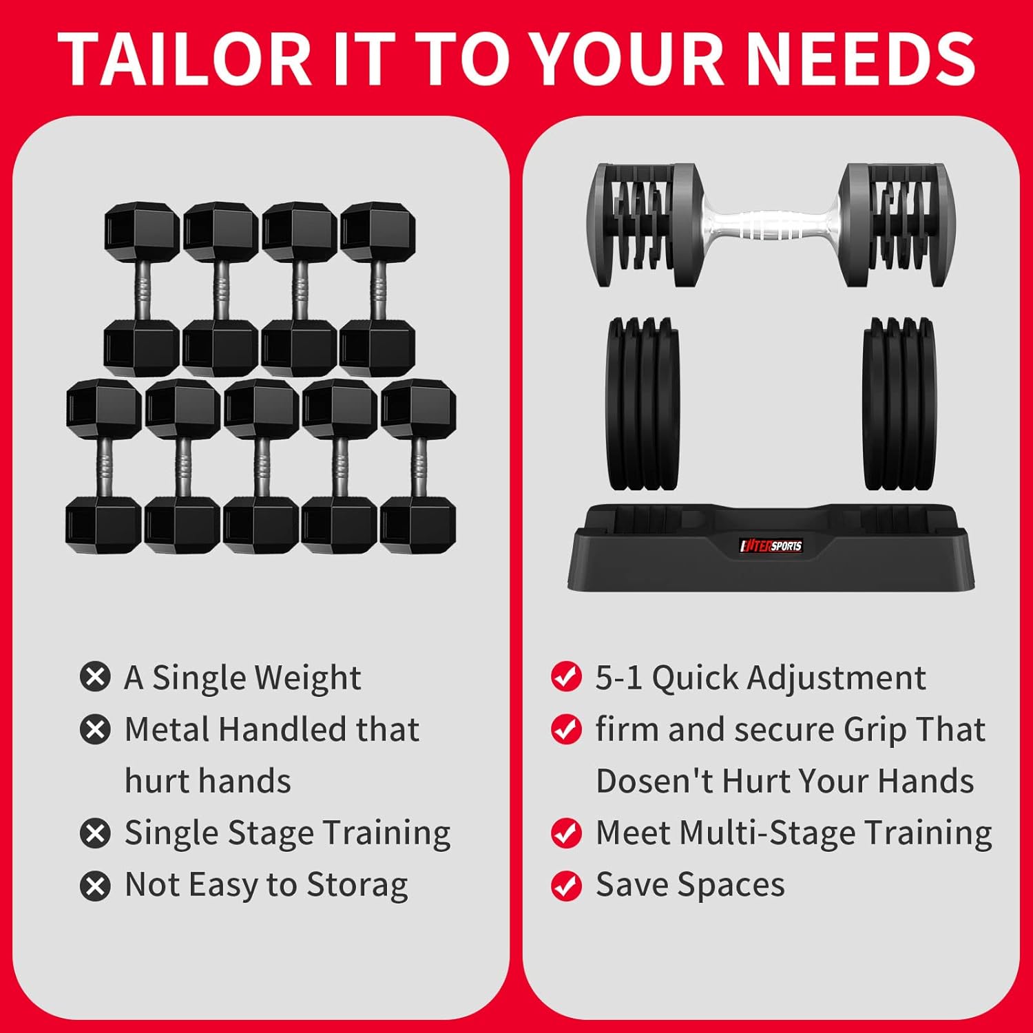 EnterSports 12kg/18KGx2 Adjustable Dumbbells Adjustable Dumbbell Set for Saving Place, Dumbbells Adjustable with Non-Slip Handle 5 Weight Levels, Good for Home, Office, Gym, Body Training-4