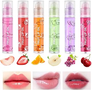 AOOWU 6 Pcs Hydrating Lip Oil Set, Fruit-Flavored Plumping Lip Oil, Long Lasting Lip Glow Balm Lip Care, Transparent Moisturizing No-Sticky Lip Gloss(Peaches,Orange,Avocado,Strawberry,Grape,Cherry)