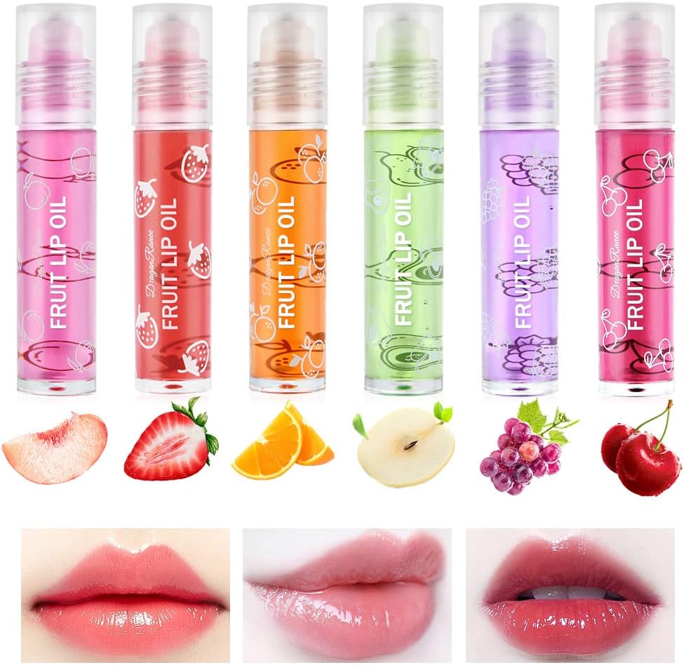 AOOWU 6 Pcs Hydrating Lip Oil Set, Fruit-Flavored Plumping Lip Oil, Long Lasting Lip Glow Balm Lip Care, Transparent Moisturizing No-Sticky Lip Gloss(Peaches,Orange,Avocado,Strawberry,Grape,Cherry)-0