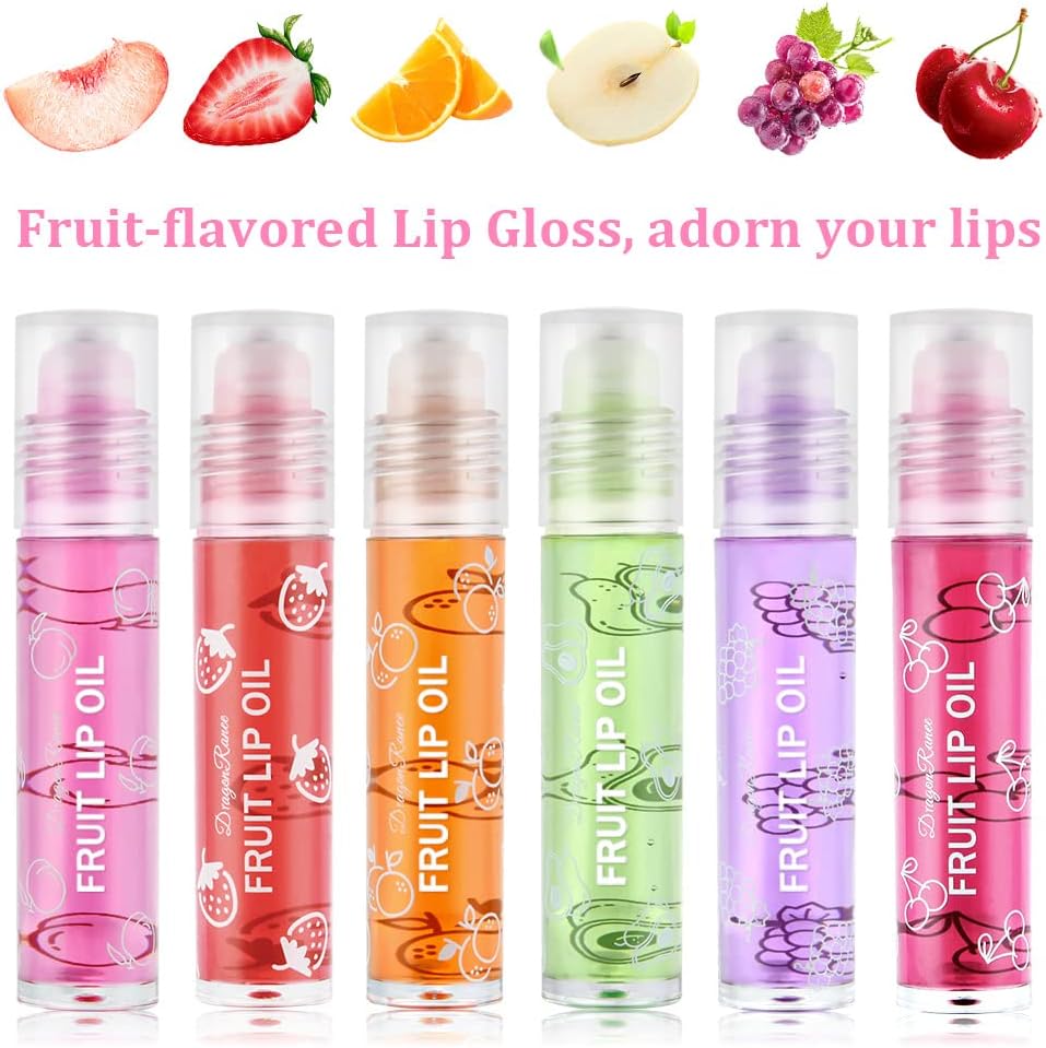 AOOWU 6 Pcs Hydrating Lip Oil Set, Fruit-Flavored Plumping Lip Oil, Long Lasting Lip Glow Balm Lip Care, Transparent Moisturizing No-Sticky Lip Gloss(Peaches,Orange,Avocado,Strawberry,Grape,Cherry)-1