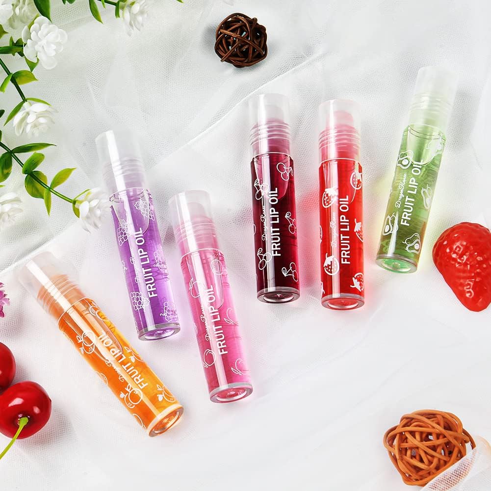 AOOWU 6 Pcs Hydrating Lip Oil Set, Fruit-Flavored Plumping Lip Oil, Long Lasting Lip Glow Balm Lip Care, Transparent Moisturizing No-Sticky Lip Gloss(Peaches,Orange,Avocado,Strawberry,Grape,Cherry)-7