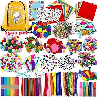 Chennyfun 1500pcs+ Arts and Crafts Supplies for Kids, Craft Art Kits for Toddlers with Unicorn Storage Bag, All in One D.I.Y. Crafting Set Includes Pom Poms, Feathers, Beads, Supply for Kids Ages 4-12