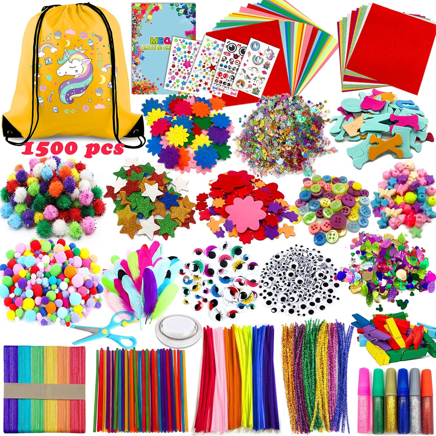 Chennyfun 1500pcs+ Arts and Crafts Supplies for Kids, Craft Art Kits for Toddlers with Unicorn Storage Bag, All in One D.I.Y. Crafting Set Includes Pom Poms, Feathers, Beads, Supply for Kids Ages 4-12-0