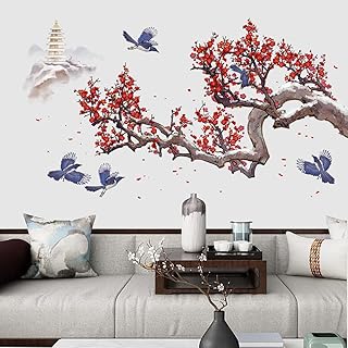 Runtoo Cherry Blossom Flower Wall Art Decals Plum Tree Branch Floral Wall Stickers for Living Room Girls Bedroom Nursery Wall Decor