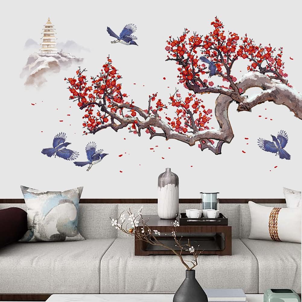 Runtoo Cherry Blossom Flower Wall Art Decals Plum Tree Branch Floral Wall Stickers for Living Room Girls Bedroom Nursery Wall Decor-0