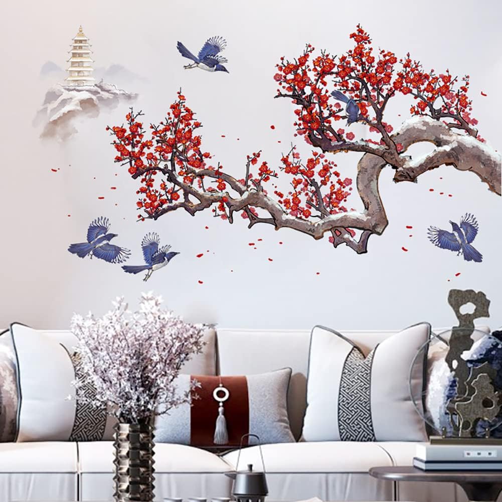 Runtoo Cherry Blossom Flower Wall Art Decals Plum Tree Branch Floral Wall Stickers for Living Room Girls Bedroom Nursery Wall Decor-1