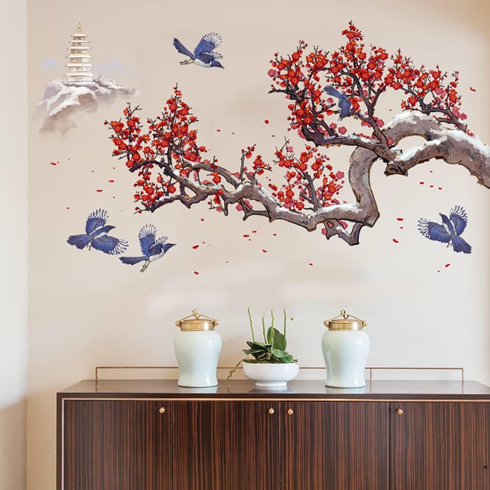 Runtoo Cherry Blossom Flower Wall Art Decals Plum Tree Branch Floral Wall Stickers for Living Room Girls Bedroom Nursery Wall Decor-2