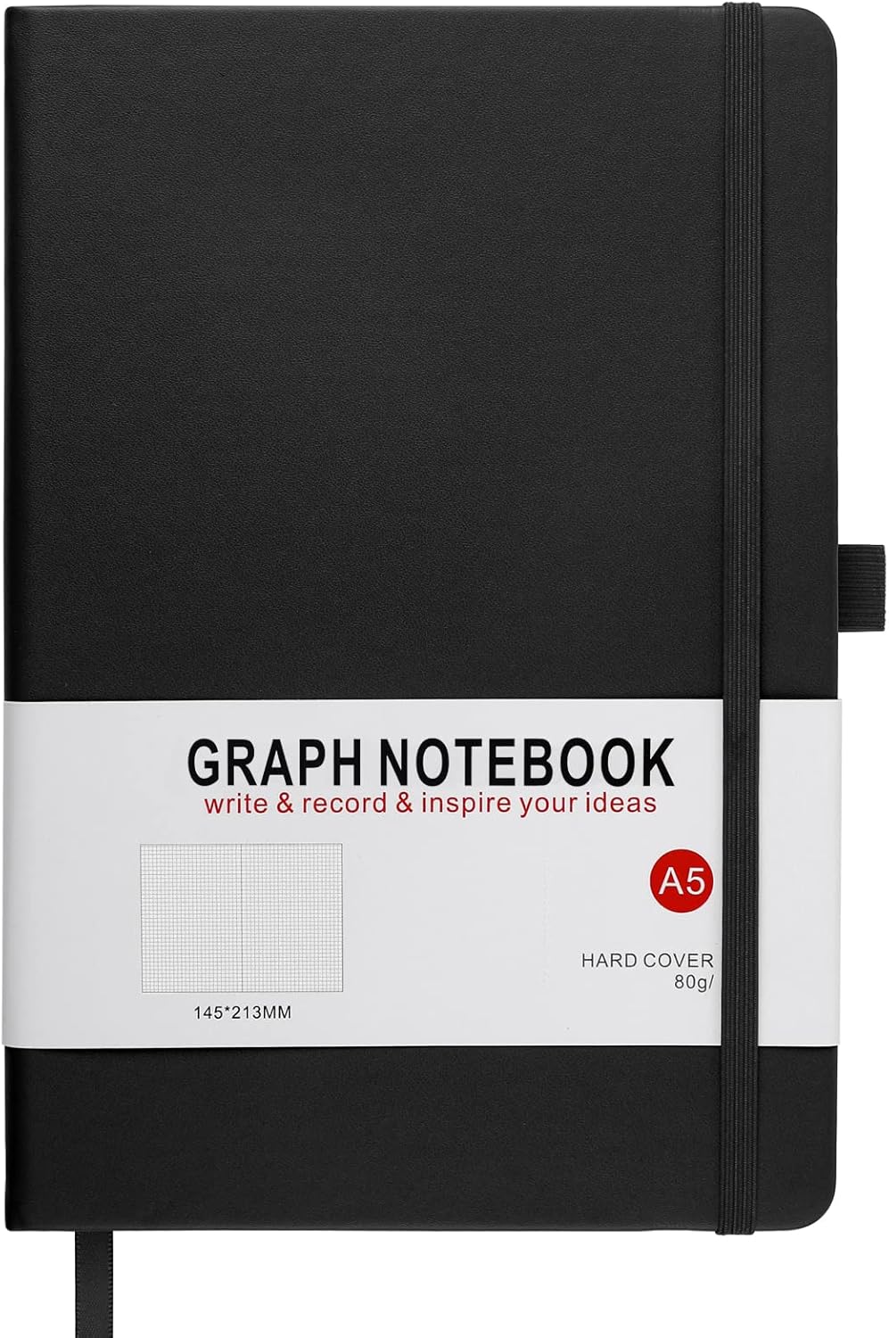 HIJYOO A5 Graph Paper Notebook, Squared Notebook 200 Pages A5 Hardback Notebook with Pen Loop, and Inner Pocket, for Office School Home Business Writing & Note Taking (Black)-0