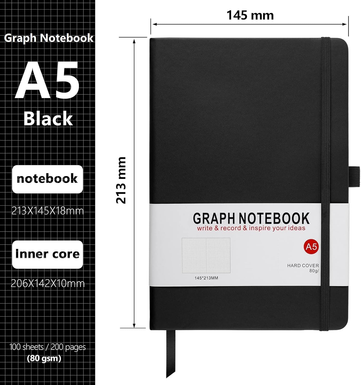 HIJYOO A5 Graph Paper Notebook, Squared Notebook 200 Pages A5 Hardback Notebook with Pen Loop, and Inner Pocket, for Office School Home Business Writing & Note Taking (Black)-1