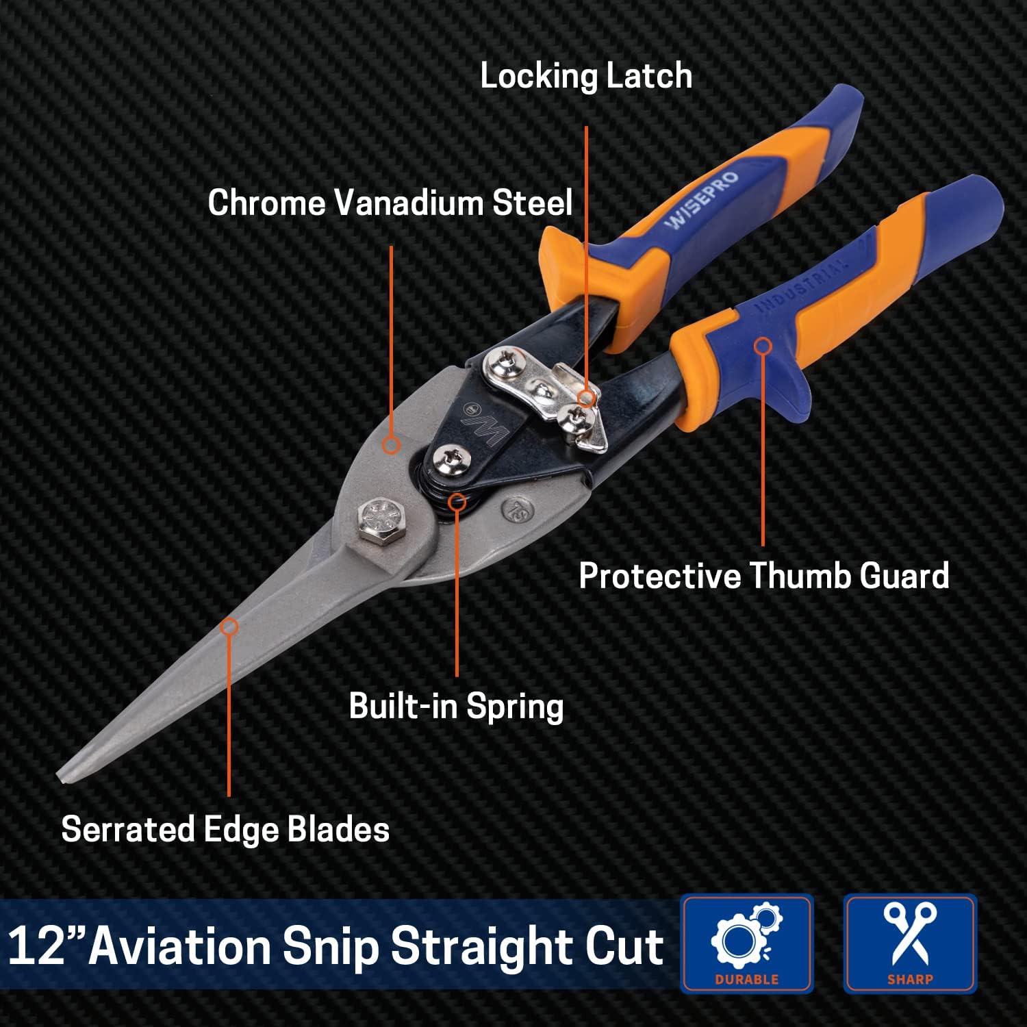 WISEPRO 12'' Tin Snips Straight Cut, Heavy Duty Aviation Snips, Compound Metal Shears for Cutting Sheet Metal, Aluminum, and Vinyl Siding-2