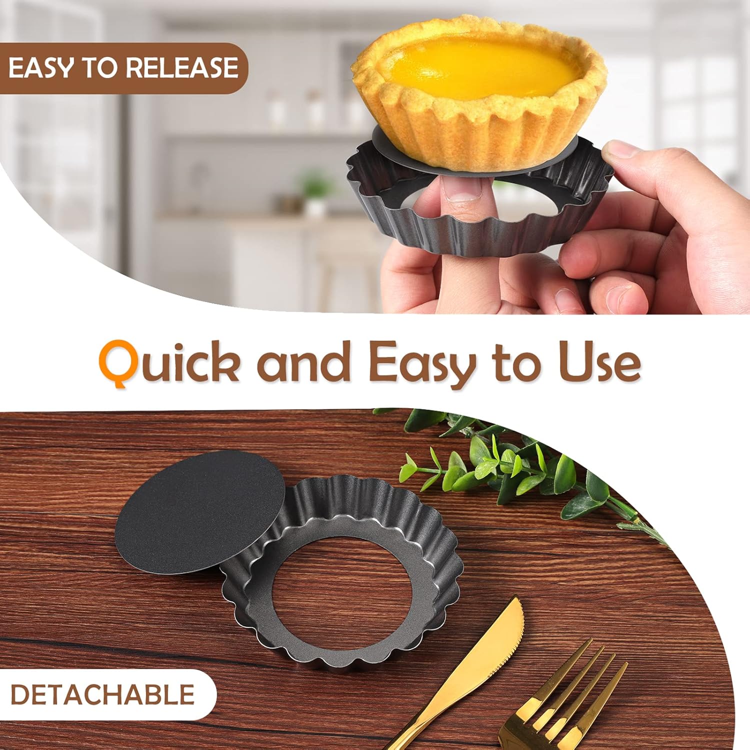 Mini Tart Tins,Egg Tart Molds with Loose Base,8 Pack Non Stick Tartlet Tins,Tart Moulds for Baking,Small Flan Tins,Fluted Tart Case,4 inch /10 cm Round Mini Quiche Pans,Pie Dish Removable Loose Bottom-3