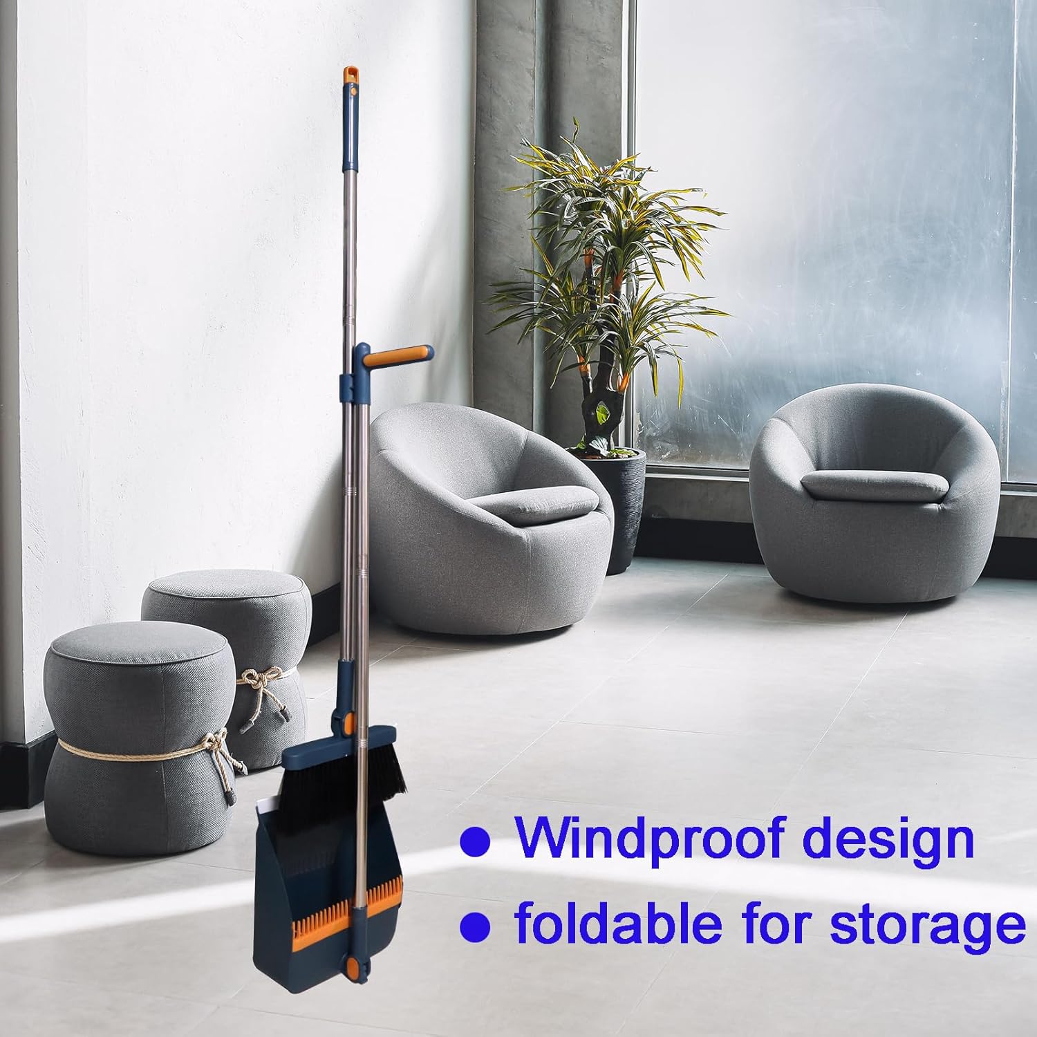 Roellgs Broom dustpan set with comb teeth windproof vertical long-handled broom kit for household cleaning and sweeping-5