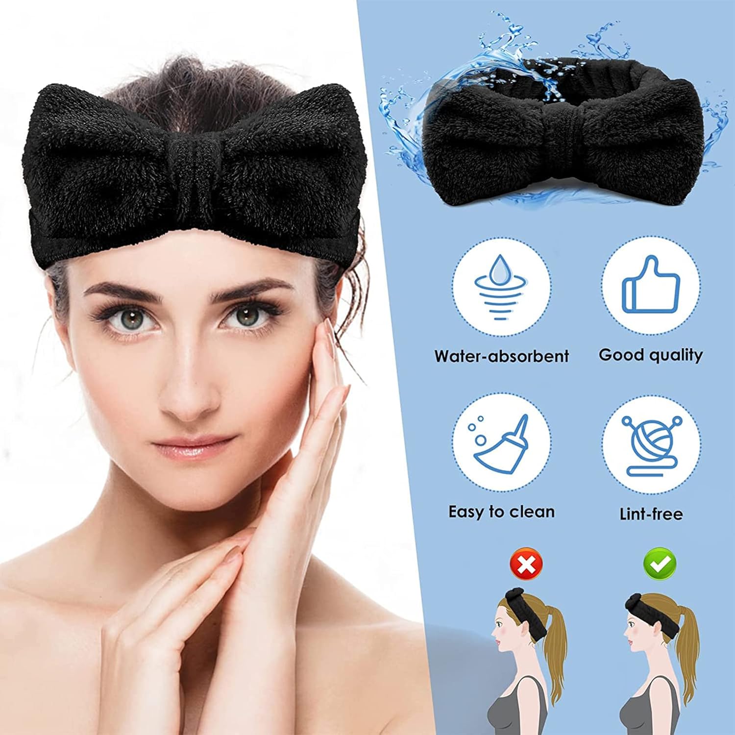 2 Pack Bowknot Spa Headband,makeup headbands,Spa Headbands for Women, Bowknot Face Wash Headbands Super Elastic Women's Hair Bands for Washing Face Shower Skin Care(Black and White)-4