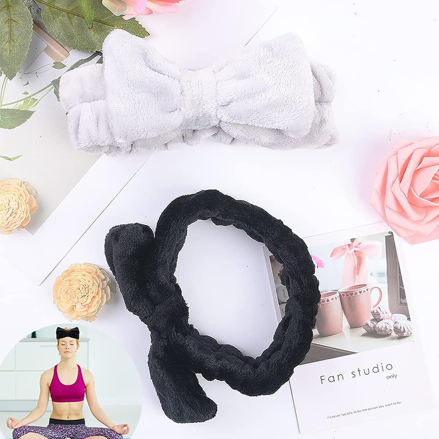 2 Pack Bowknot Spa Headband,makeup headbands,Spa Headbands for Women, Bowknot Face Wash Headbands Super Elastic Women's Hair Bands for Washing Face Shower Skin Care(Black and White)-5