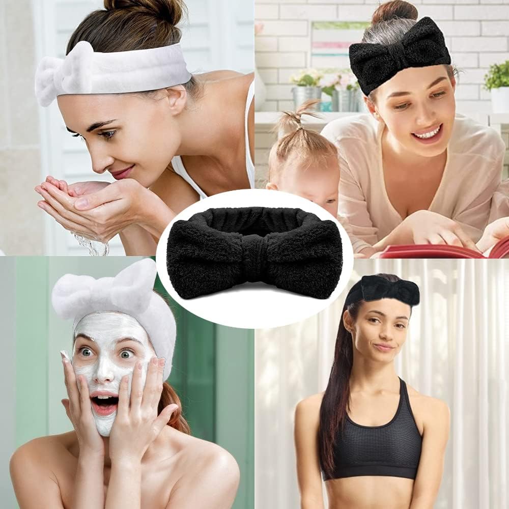 2 Pack Bowknot Spa Headband,makeup headbands,Spa Headbands for Women, Bowknot Face Wash Headbands Super Elastic Women's Hair Bands for Washing Face Shower Skin Care(Black and White)-6