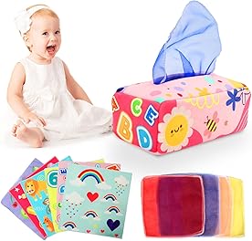 YOGINGO Baby Toys 0-6 Months - Baby Tissue Box Toy - Sensory Toys for Babies, Soft Stuffed High Contrast Crinkle Toys of Baby, Montessori Toys, Girls&Boys Kids Early Learning Toys Baby Gifts