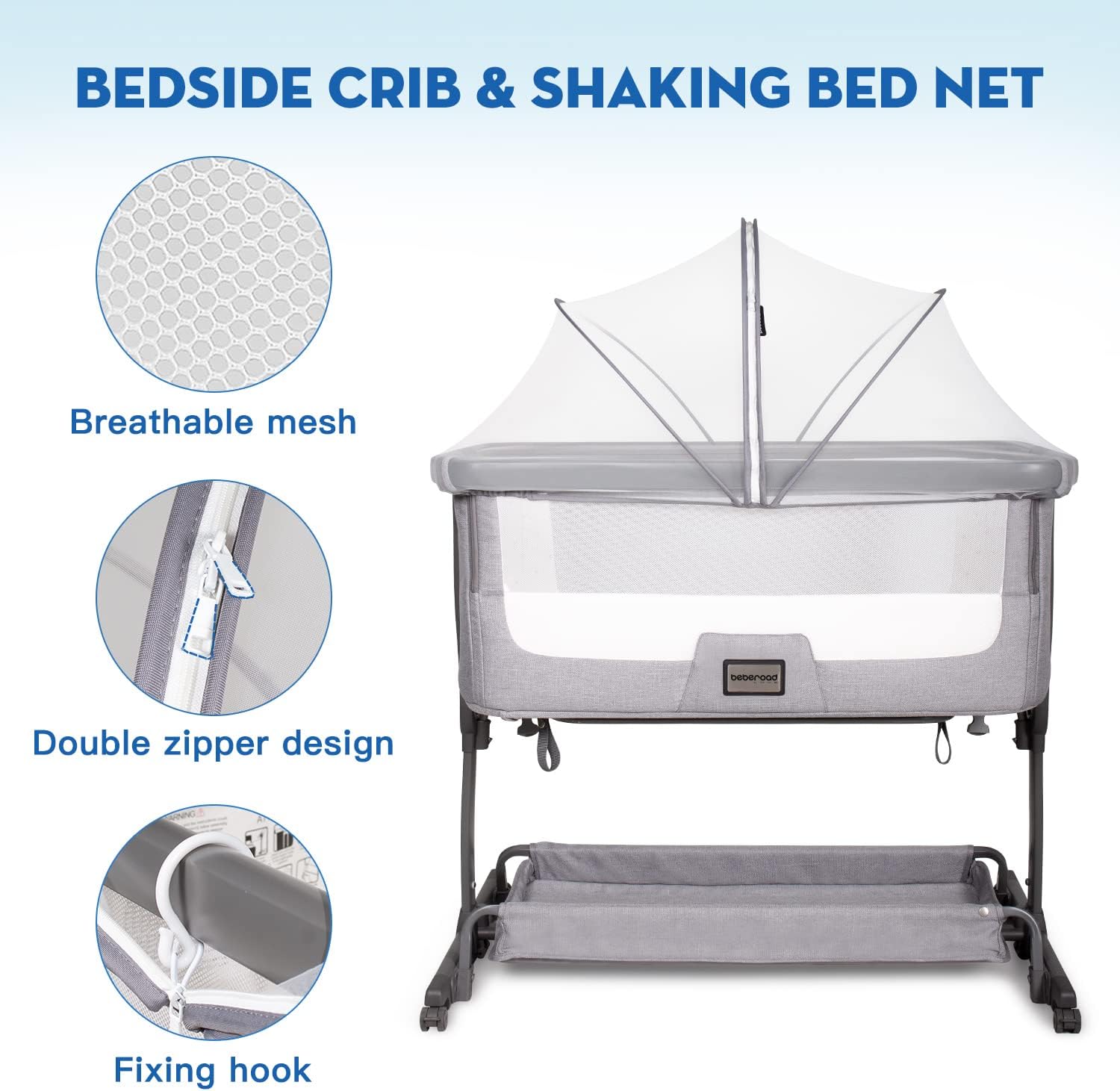 Beberoad Baby Beside Crib Co-Sleeper Mosquito Net Cover for Travel Cot Bassinet Bedside Sleeper, Insect Cat Net Zipper Mosquito Net for Baby Crib Co-Sleeping Bed (White)-5