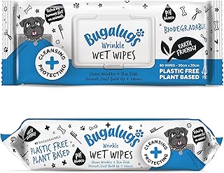 BUGALUGS Wrinkle Dog Wipes for pawly skin - 80 Biodegradable dog grooming pet wipes. Use as Dog ear wipes, dog eye wipes, dog face wipes, Paw & Bum wipes for puppy, dogs & cat grooming