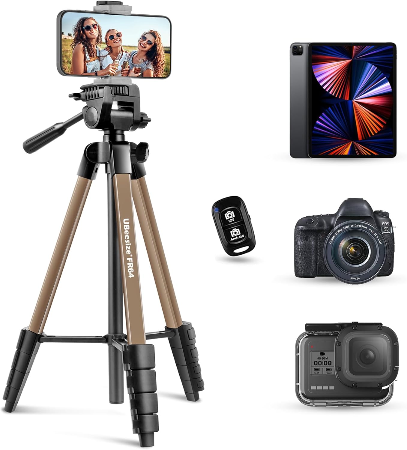 UBeesize Camera Tripod, 163 cm Camera Tripod Portable with Remote Control and Phone Holder, Aluminium Photo Tripod for Video Recording, Live Streaming, Compatible with Mobile Phone/Camera/Tablet-0