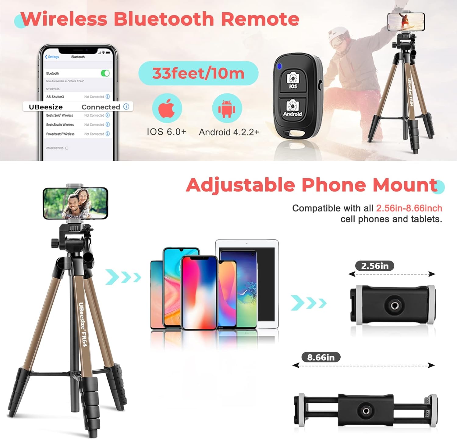 UBeesize Camera Tripod, 163 cm Camera Tripod Portable with Remote Control and Phone Holder, Aluminium Photo Tripod for Video Recording, Live Streaming, Compatible with Mobile Phone/Camera/Tablet-2