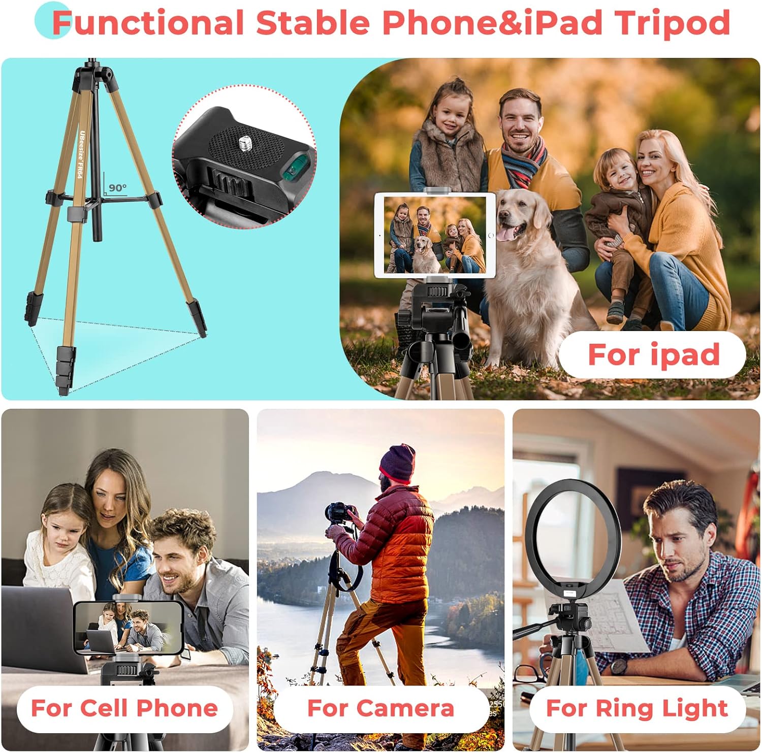 UBeesize Camera Tripod, 163 cm Camera Tripod Portable with Remote Control and Phone Holder, Aluminium Photo Tripod for Video Recording, Live Streaming, Compatible with Mobile Phone/Camera/Tablet-3