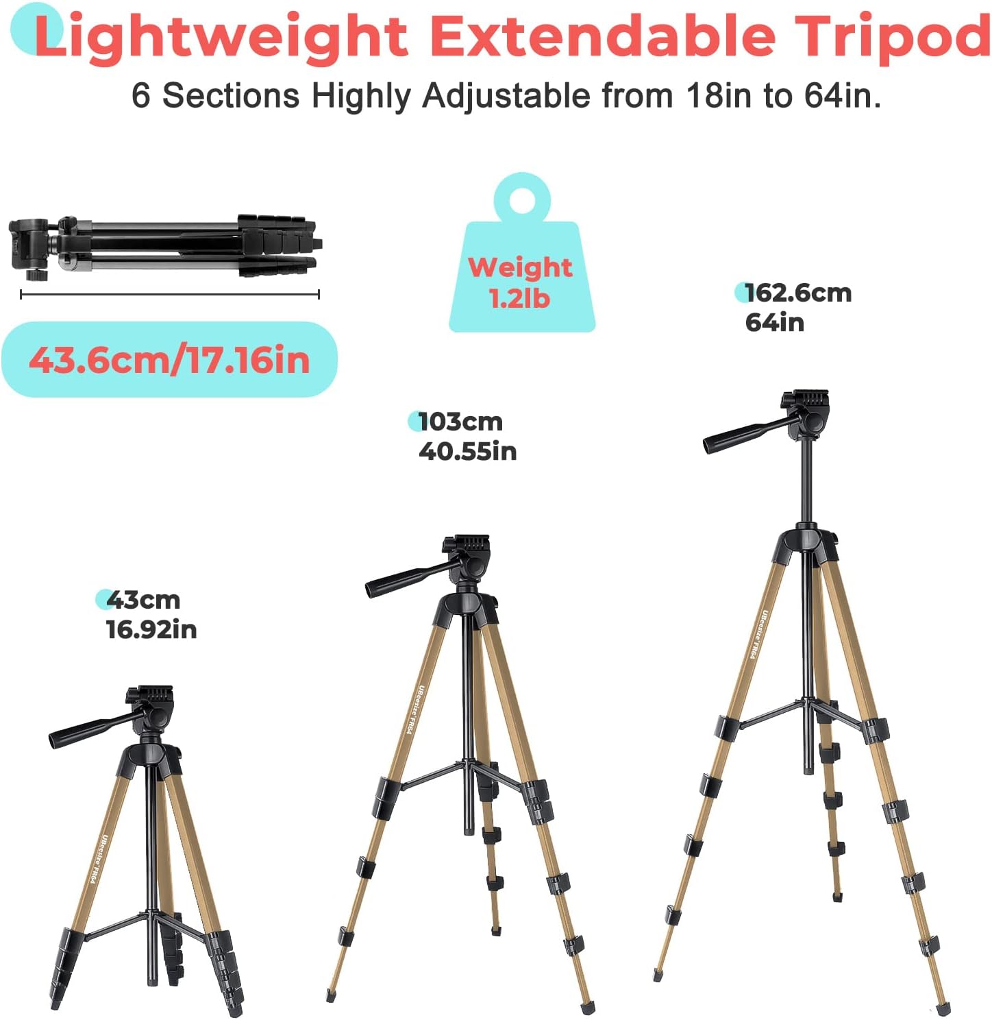 UBeesize Camera Tripod, 163 cm Camera Tripod Portable with Remote Control and Phone Holder, Aluminium Photo Tripod for Video Recording, Live Streaming, Compatible with Mobile Phone/Camera/Tablet-4