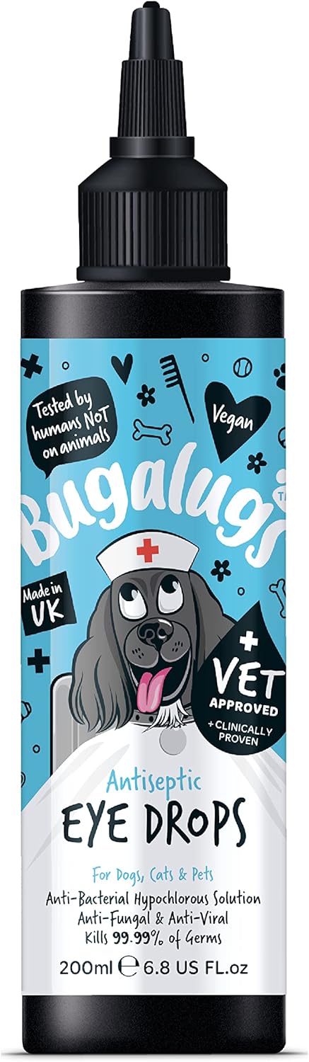 BUGALUGS Dog Eye Drops for infection 200ml, Antiseptic eye drops for dogs, puppy & cats. Antibacterial First aid for dry, itchy, irritated, gunky & tear stain eyes. Eye Wash Cleaner-0