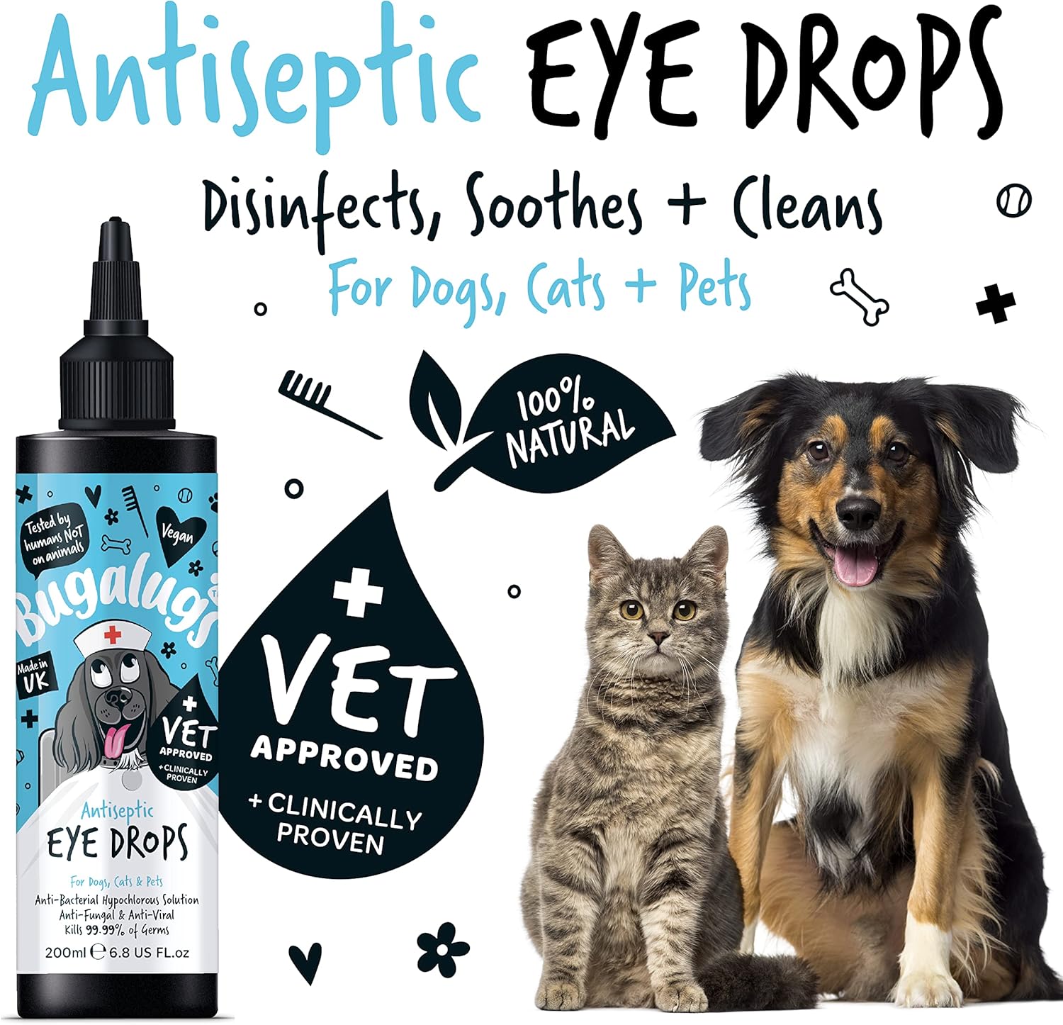 BUGALUGS Dog Eye Drops for infection 200ml, Antiseptic eye drops for dogs, puppy & cats. Antibacterial First aid for dry, itchy, irritated, gunky & tear stain eyes. Eye Wash Cleaner-1