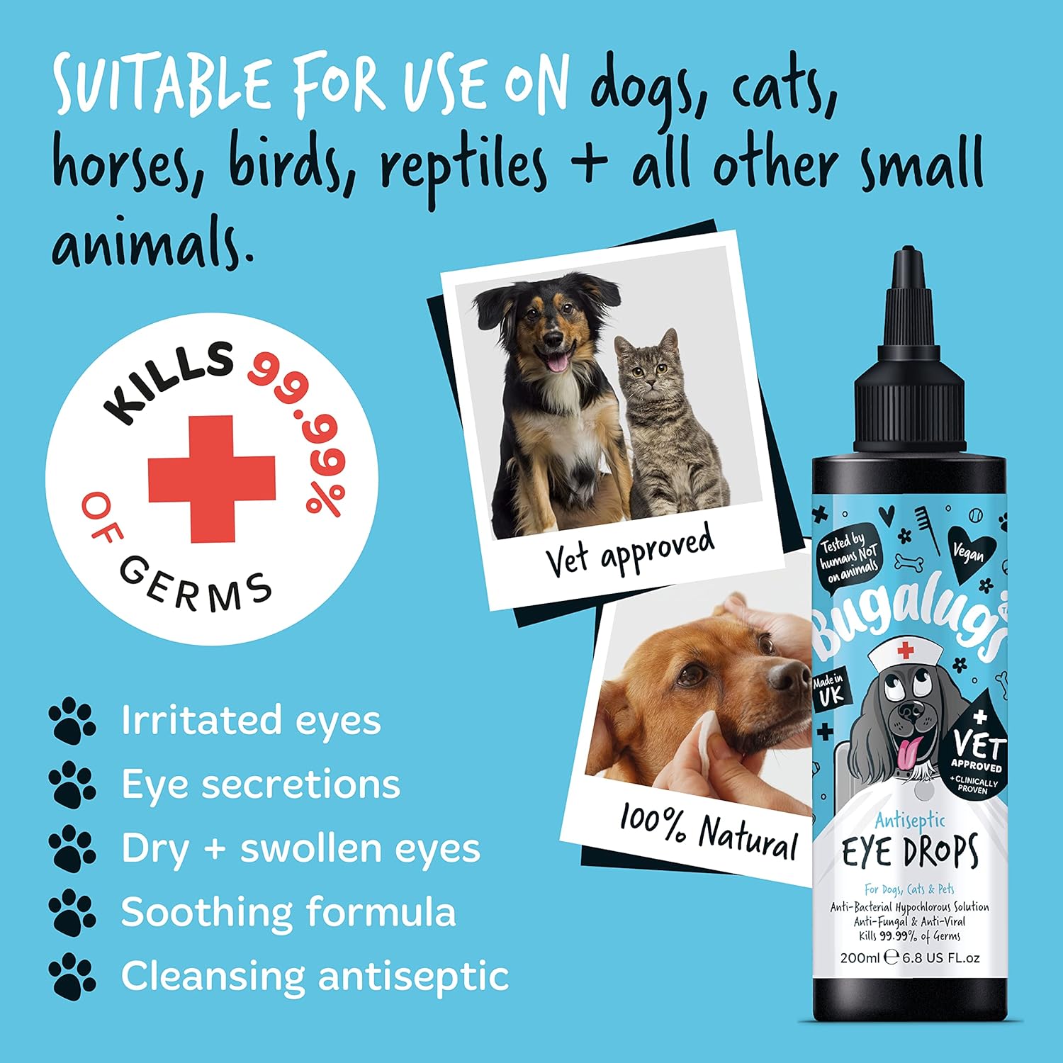 BUGALUGS Dog Eye Drops for infection 200ml, Antiseptic eye drops for dogs, puppy & cats. Antibacterial First aid for dry, itchy, irritated, gunky & tear stain eyes. Eye Wash Cleaner-2