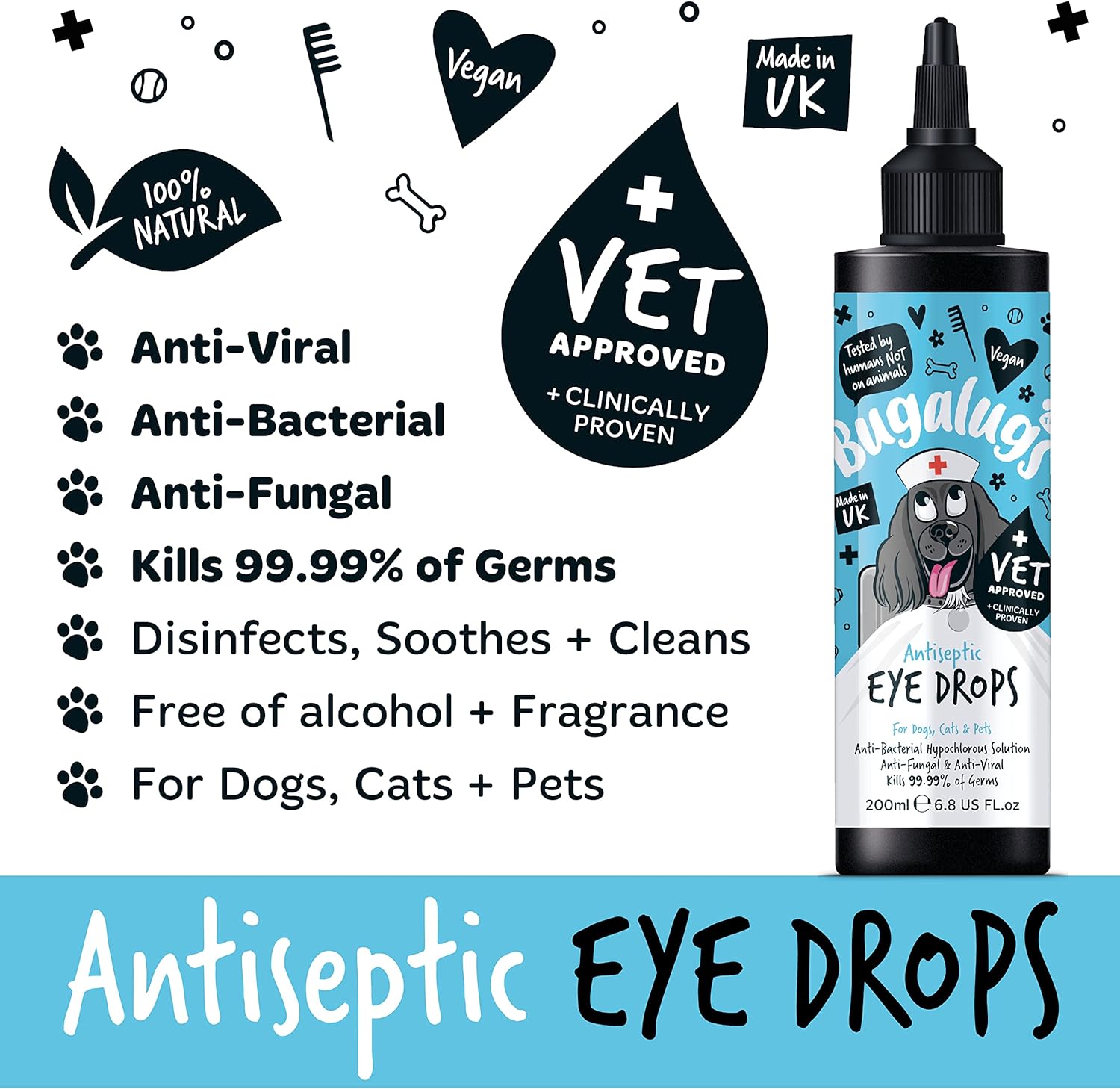 BUGALUGS Dog Eye Drops for infection 200ml, Antiseptic eye drops for dogs, puppy & cats. Antibacterial First aid for dry, itchy, irritated, gunky & tear stain eyes. Eye Wash Cleaner-3