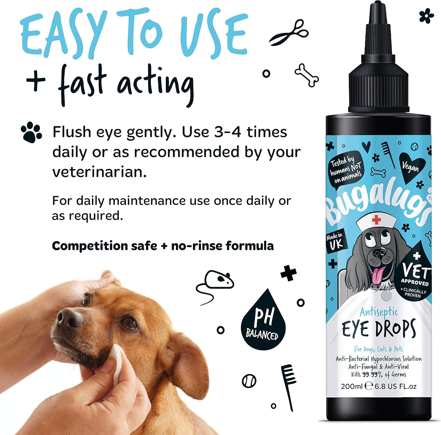 BUGALUGS Dog Eye Drops for infection 200ml, Antiseptic eye drops for dogs, puppy & cats. Antibacterial First aid for dry, itchy, irritated, gunky & tear stain eyes. Eye Wash Cleaner-8