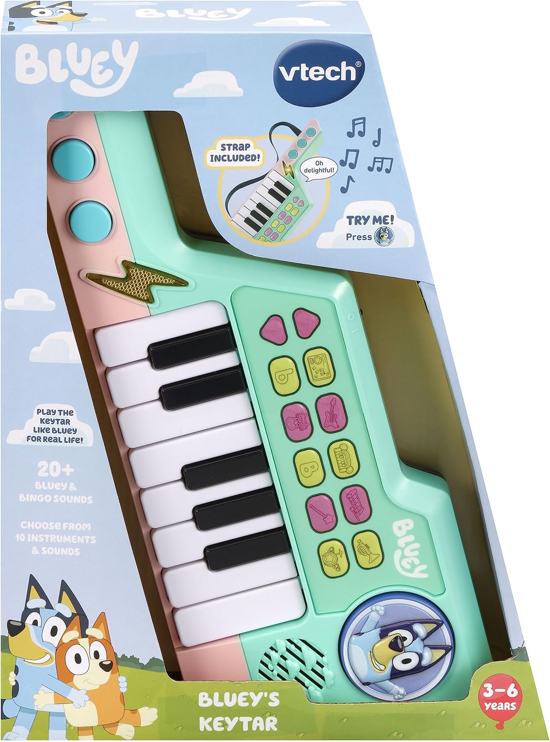 VTech Bluey Keytar, Official Bluey Toy with 5 Instrument Sounds, Phrases, Sound Effects & Melodies, Interactive Musical Toy for Kids 3, 4, 5+ Years, English Version-3