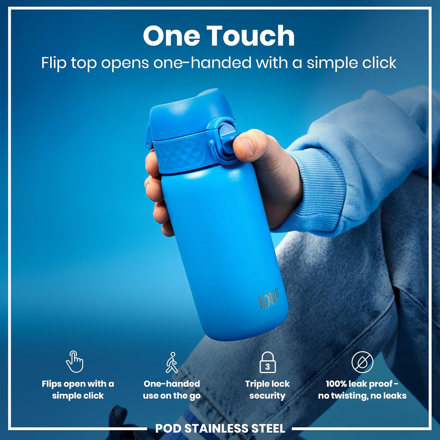 Ion8 Kids Water Bottle, Steel 400 ml/13 oz, Leak Proof, Easy to Open, Secure Lock, Dishwasher Safe, Flip Cover, Carry Handle, Easy Clean, Durable, Metal Water Bottle, Carbon Neutral-2