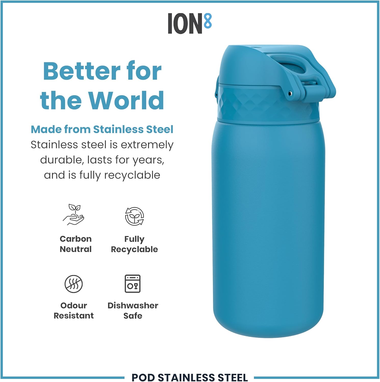 Ion8 Kids Water Bottle, Steel 400 ml/13 oz, Leak Proof, Easy to Open, Secure Lock, Dishwasher Safe, Flip Cover, Carry Handle, Easy Clean, Durable, Metal Water Bottle, Carbon Neutral-4