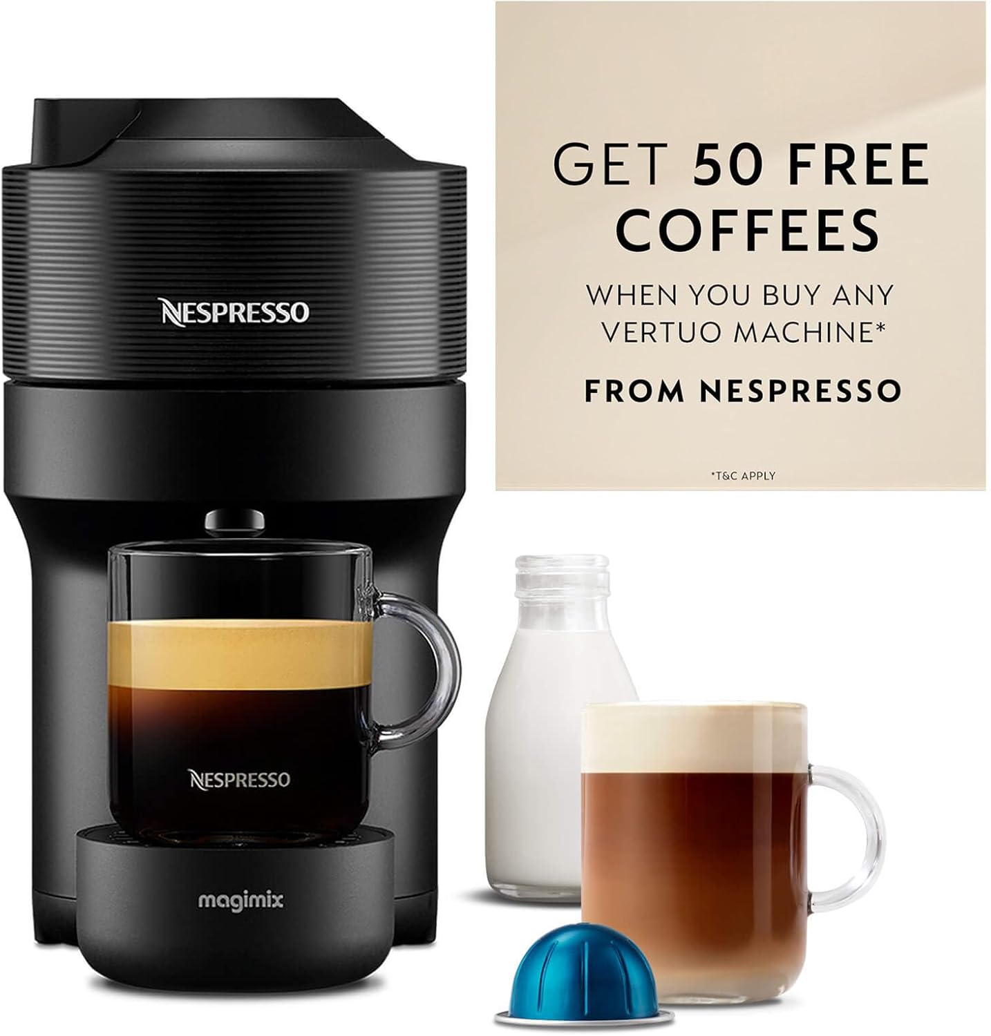 Nespresso Vertuo Pop Automatic Pod Coffee Machine for Americano, Decaf, Espresso by Magimix in Liquorice Black-1