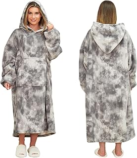 Dreamscene Extra-Long Tie Dye Oversized Hoodie Blanket Sweatshirt Soft Sherpa Fleece Throw Cosy Wearable Hooded Blanket Big Jumper - Charcoal, One Size Fits Most - Adults Teens Men Women