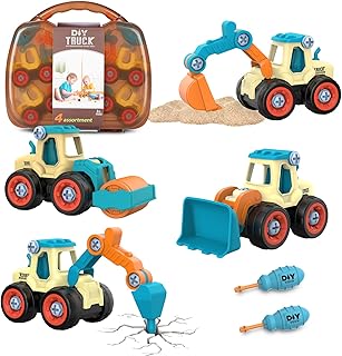 Eucomir 4 in 1 Take-Apart Construction Vehicles Toys Set with Handcase, DIY Excavator Digger with Screwdriver, Building Educational Assembly Engineering Truck for 3-6 Years Olds (Carton)