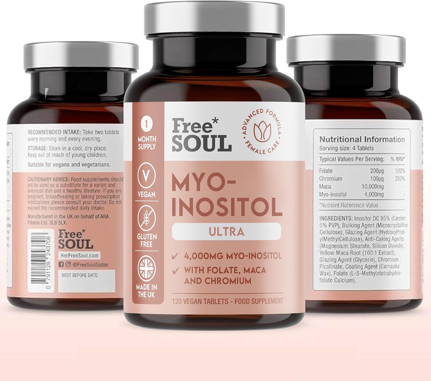 Free Soul Myo-Inositol Ultra Supplement – 4,000mg Myo-Inositol, 200ug Folate, 100ug Chromium Plus 10,000mg Maca for Women – Supplements for Women, Vegan & Gluten-Free – 120 Tablets-0