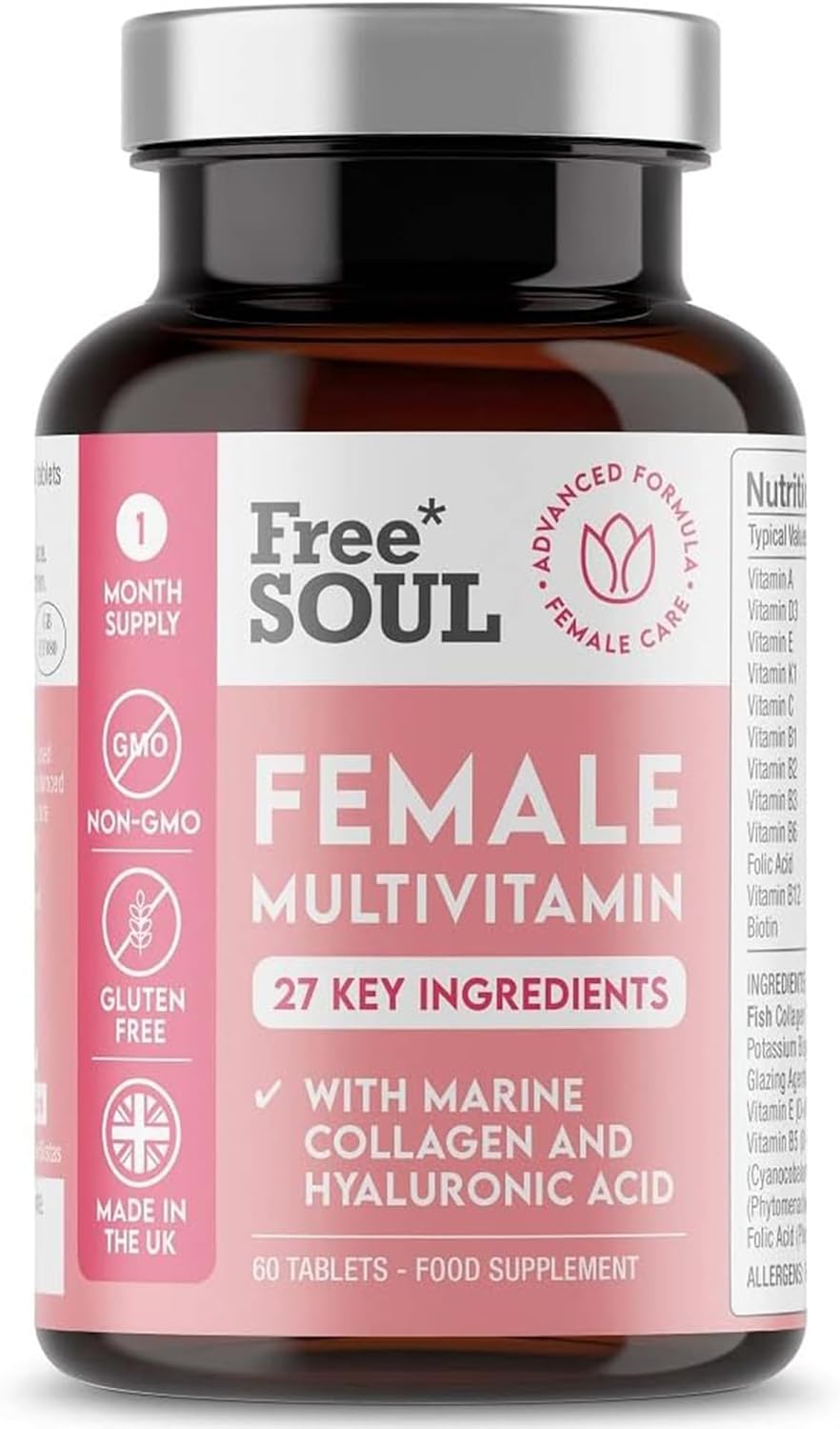 Women's Multivitamins & Minerals with Marine Collagen & Hyaluronic Acid – 27 Essential Vitamins, Minerals, & Botanicals – Gluten-Free & No Synthetic Fillers or Binders – 60 Tablets – Free Soul-0