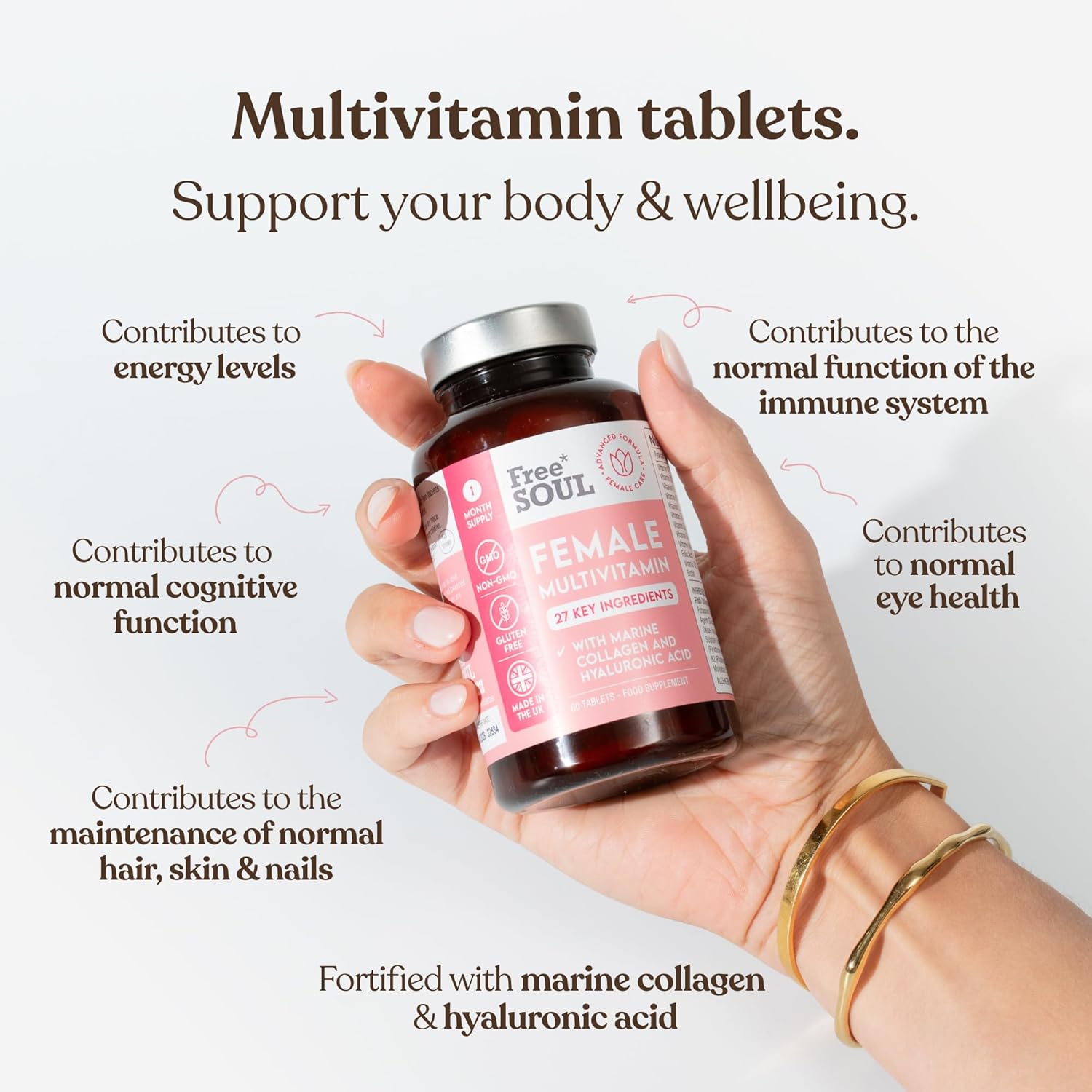 Women's Multivitamins & Minerals with Marine Collagen & Hyaluronic Acid – 27 Essential Vitamins, Minerals, & Botanicals – Gluten-Free & No Synthetic Fillers or Binders – 60 Tablets – Free Soul-1