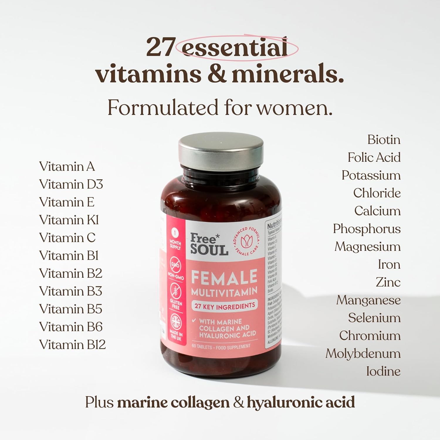 Women's Multivitamins & Minerals with Marine Collagen & Hyaluronic Acid – 27 Essential Vitamins, Minerals, & Botanicals – Gluten-Free & No Synthetic Fillers or Binders – 60 Tablets – Free Soul-2