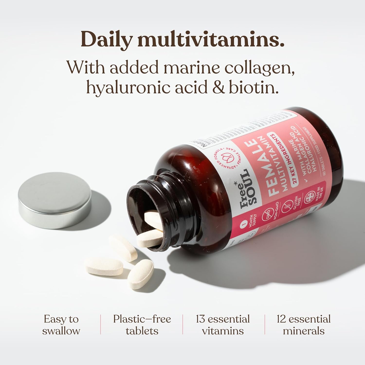 Women's Multivitamins & Minerals with Marine Collagen & Hyaluronic Acid – 27 Essential Vitamins, Minerals, & Botanicals – Gluten-Free & No Synthetic Fillers or Binders – 60 Tablets – Free Soul-3