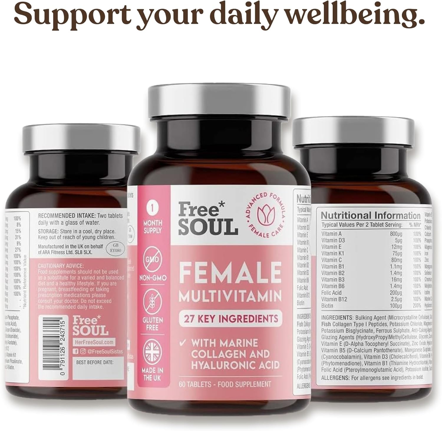 Women's Multivitamins & Minerals with Marine Collagen & Hyaluronic Acid – 27 Essential Vitamins, Minerals, & Botanicals – Gluten-Free & No Synthetic Fillers or Binders – 60 Tablets – Free Soul-7