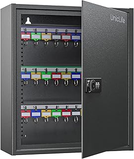 Uniclife 60 Position Key Cabinet with Combination and Key Lock Resettable Black Digital Security Storage Box Key Organizer with Adjustable Racks Colorful Key Tag Labels and Hooks