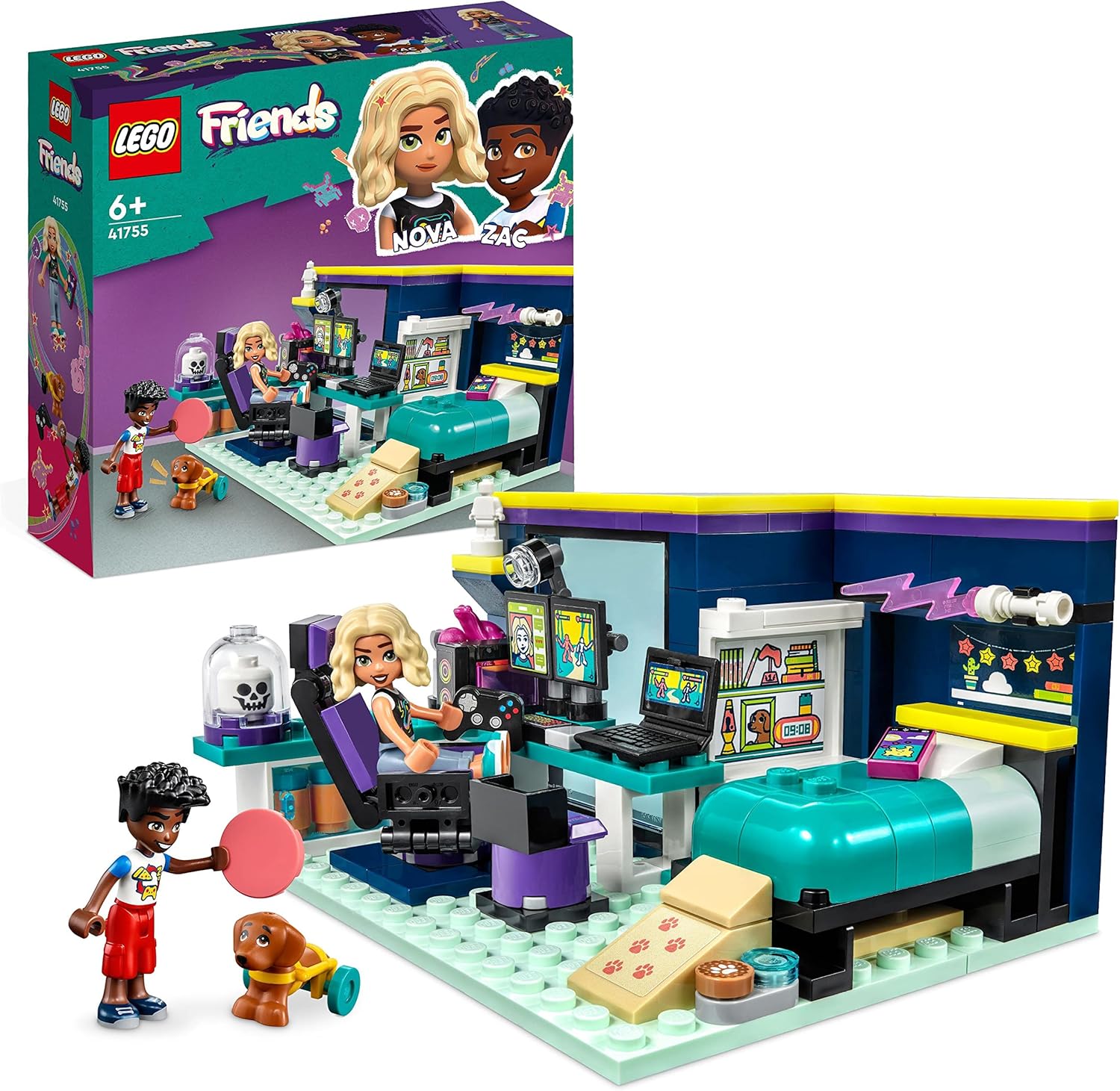 LEGO Friends Nova's Room Gaming Themed Bedroom Playset, Collectible Toy with Zac Mini-Doll and Pickle the Dog, Small Gift Idea for Kids 6+, 2023 Characters 41755-0