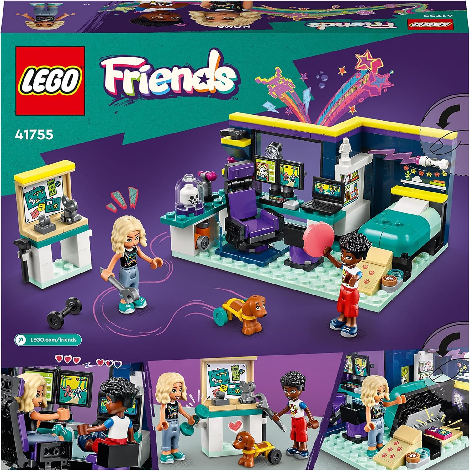 LEGO Friends Nova's Room Gaming Themed Bedroom Playset, Collectible Toy with Zac Mini-Doll and Pickle the Dog, Small Gift Idea for Kids 6+, 2023 Characters 41755-7