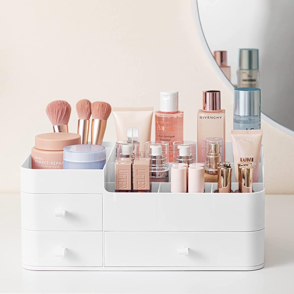 Makeup Organiser With Drawers White Cosmetic Skincare Organisers With 12 Slots Lipstick Organisers Makeup Storage Box for Desktop Bathroom Gifts For Women 33.5 * 20.5 * 14.5CM-0