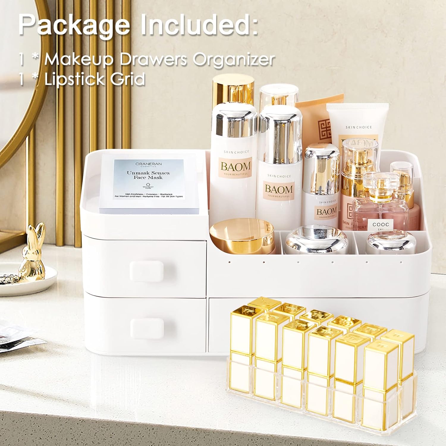 Makeup Organiser With Drawers White Cosmetic Skincare Organisers With 12 Slots Lipstick Organisers Makeup Storage Box for Desktop Bathroom Gifts For Women 33.5 * 20.5 * 14.5CM-3